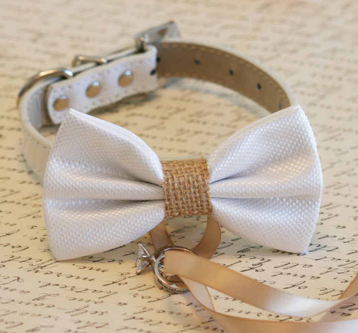 White satin dog bow tie with rustic burlap center attached to an ivory vegan leather collar.