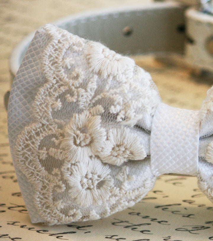 Close-up view of a white lace dog bow tie featuring floral embroidery, textured white center band, and delicate lace detailing on a vintage script background