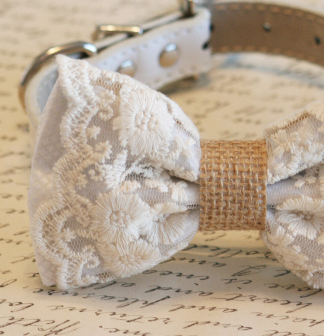 White lace dog bow tie collar photographed on a vintage handwritten paper background featuring floral embroidery, burlap center detail, and adjustable vegan leather collar