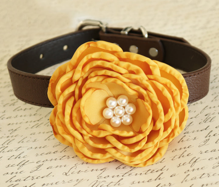 Yellow flower dog collar featuring a pearl center accent and brown vegan leather collar displayed on a decorative background