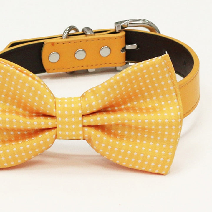 Close-up of a yellow polka dot dog bow tie with matching yellow vegan leather collar.