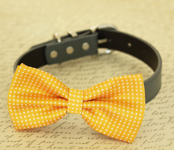Yellow polka dot dog bow tie collar with black vegan leather collar and silver-tone hardware.