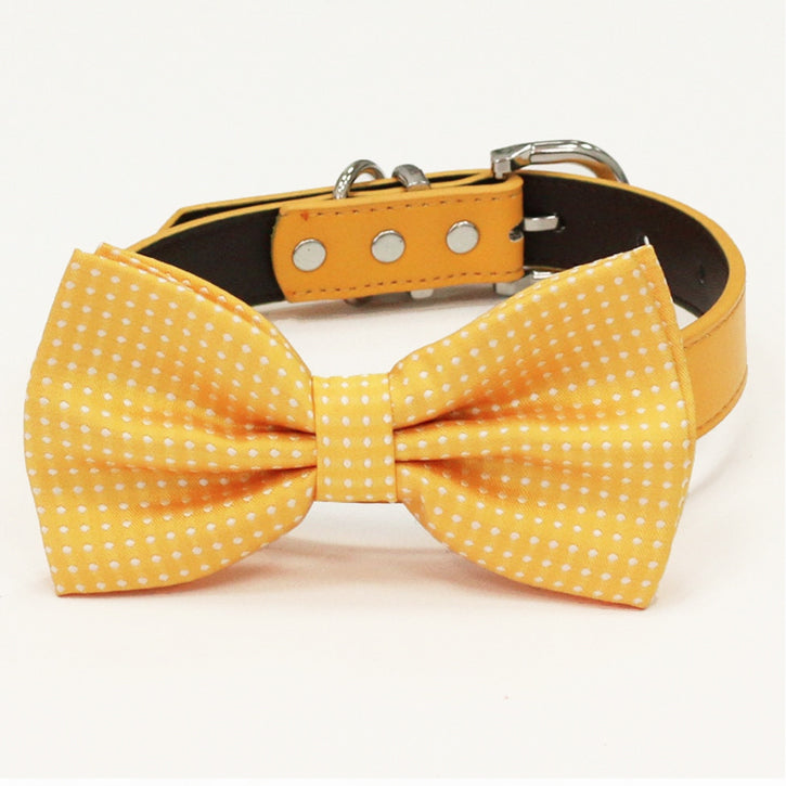 Yellow polka dot dog bow tie attached to a yellow vegan leather collar with silver-tone hardware.