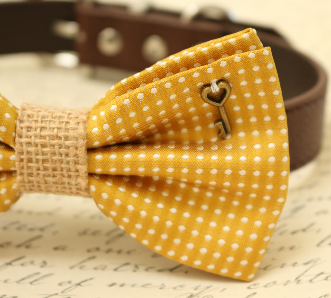 Close-up of yellow polka dot dog bow tie with antique key charm and burlap center accent