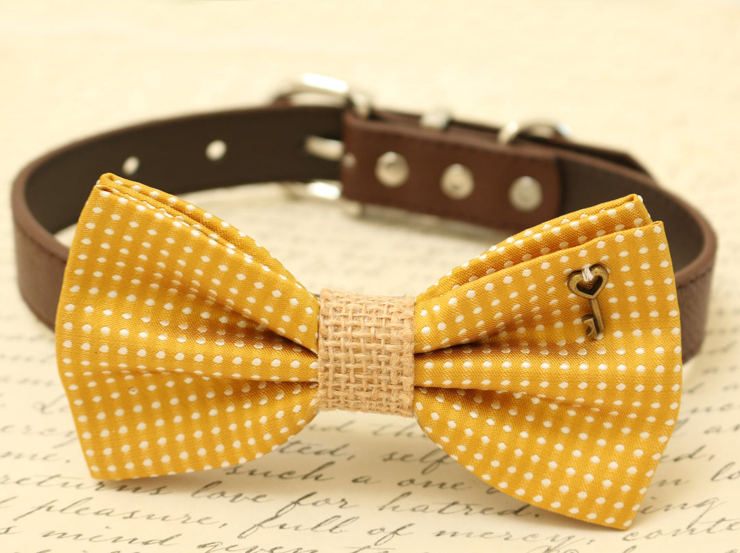 Yellow polka dot dog bow tie collar with antique key charm, burlap center accent, and brown vegan leather collar