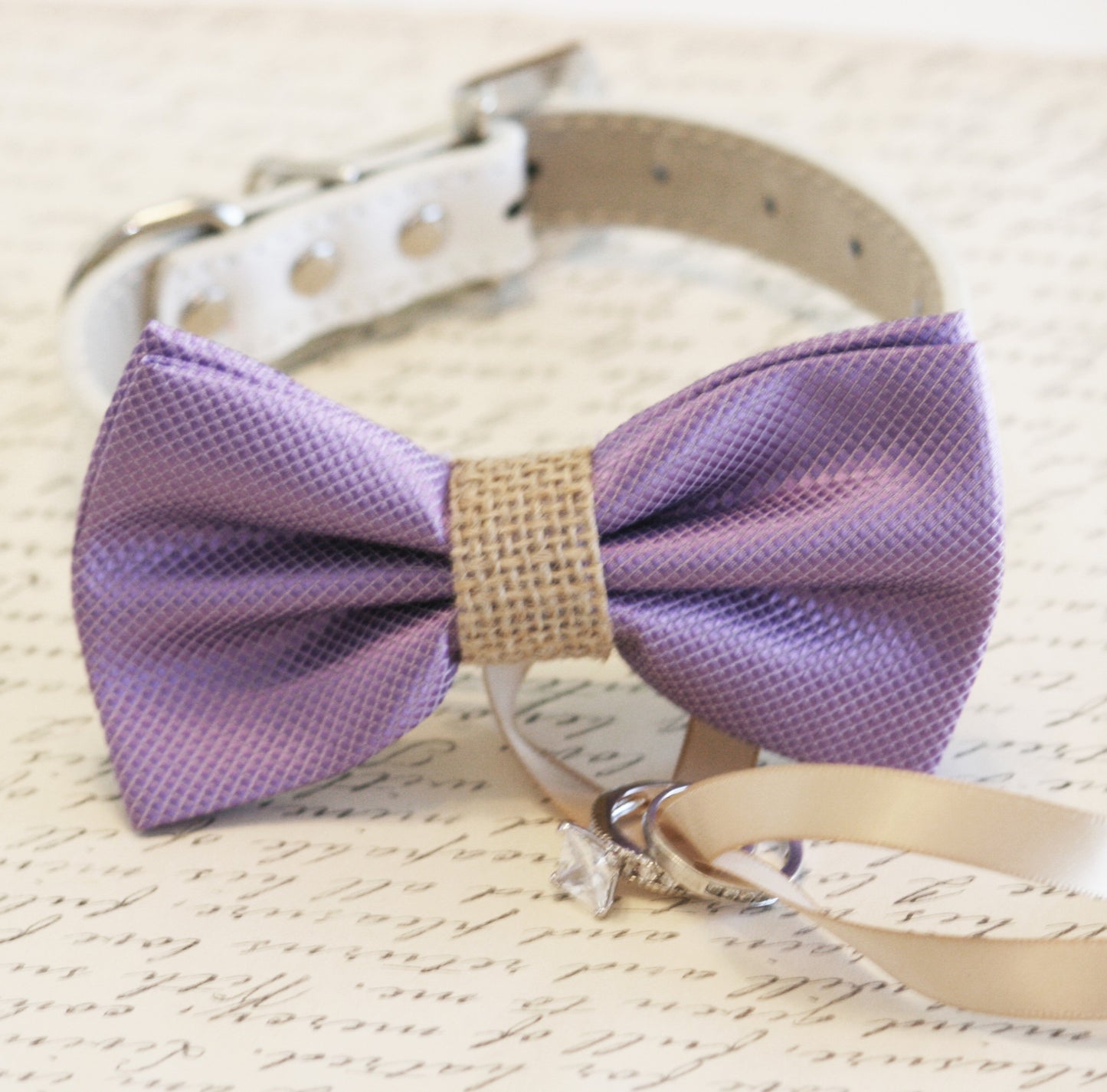 Lavender and burlap Dog Bow Tie, Dog ring bearer, Pet Wedding accessory , Wedding dog collar