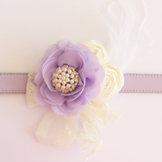 Lavender Flower dog collar, Handmade pearl beaded feather flower leather collar, Dog ring bearer proposal, S to XXL collar , Wedding dog collar