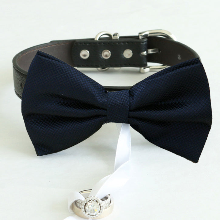 Navy bow tie collar Leather collar Dog ring bearer ring bearer adjustable handmade XS to XXL collar and bow, Puppy bow collar, Proposal , Wedding dog collar
