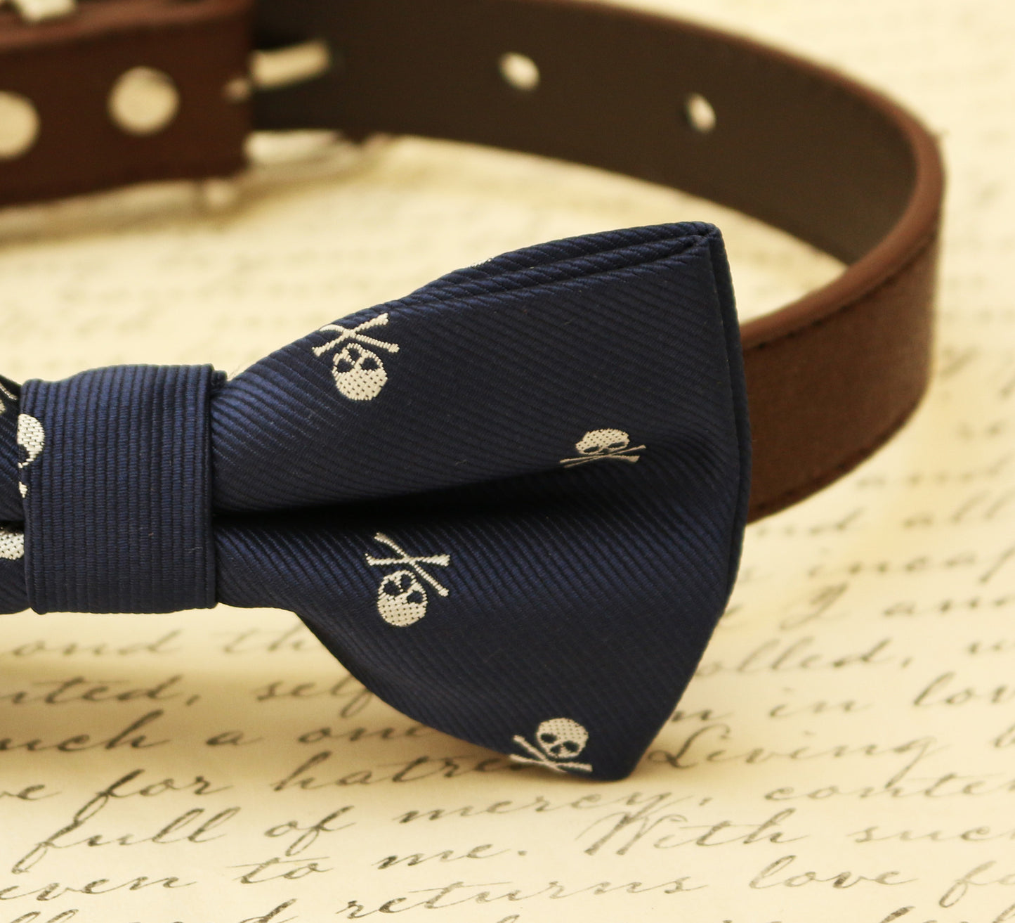 Navy Skull dog bow tie attached to collar, Halloween accessory, Navy bow tie , Wedding dog collar