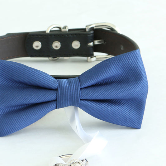 Navy bow tie collar Leather collar Dog ring bearer ring bearer adjustable handmade XS to XXL collar and bow, Puppy bow collar, Proposal , Wedding dog collar