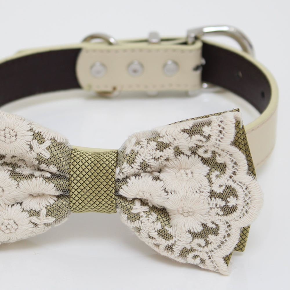 Olive green lace Bow tie collar, Bow attach to Ivory, brown, Copper, Champagne, Green, gray or white leather collar, handmade, girl collar , Wedding dog collar