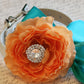 Pastel Orange Peony and Aqua Floral Dog Collar, Pet Wedding Accessory , Wedding dog collar