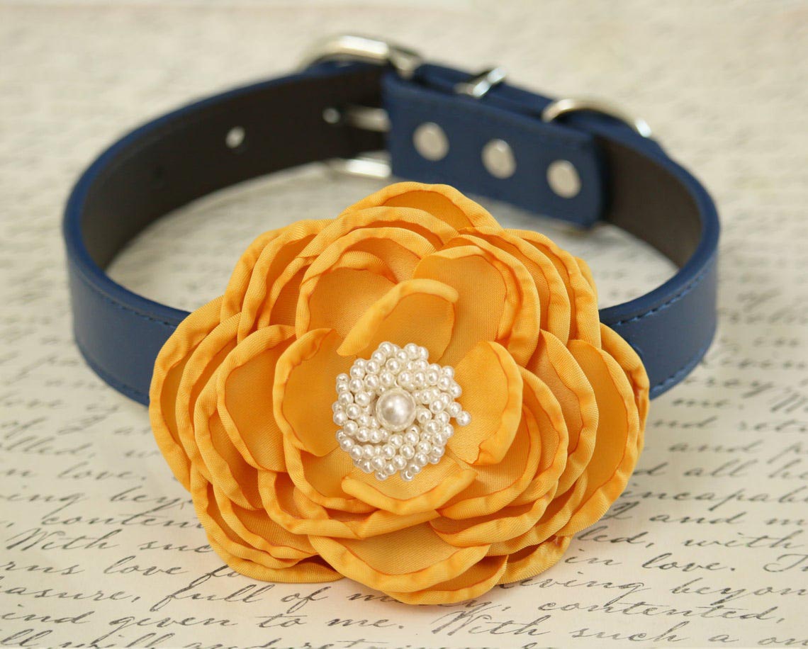 Marigold Flower dog collar, Pearl beaded flower, Yellow adjustable leather collar, Wedding proposal dog collar, flower girl dog collar