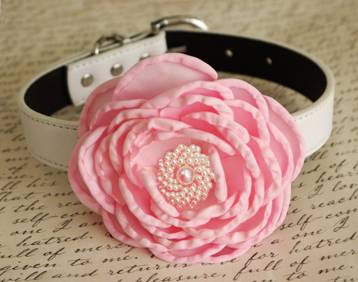 Pink Flower dog collar, Pearl beaded flower, pink adjustable leather collar, Wedding proposal dog collar, flower girl dog collar, pink lover