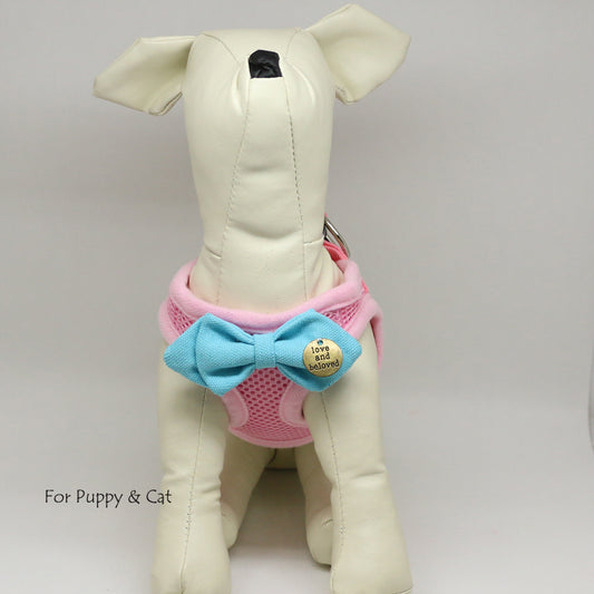 Puppy harness with bow tie, Strawberry Pink bow tie, Love and beloved, Mesh harness, Lightweight, Breathable, Comfortable,Washable harness , Wedding dog collar