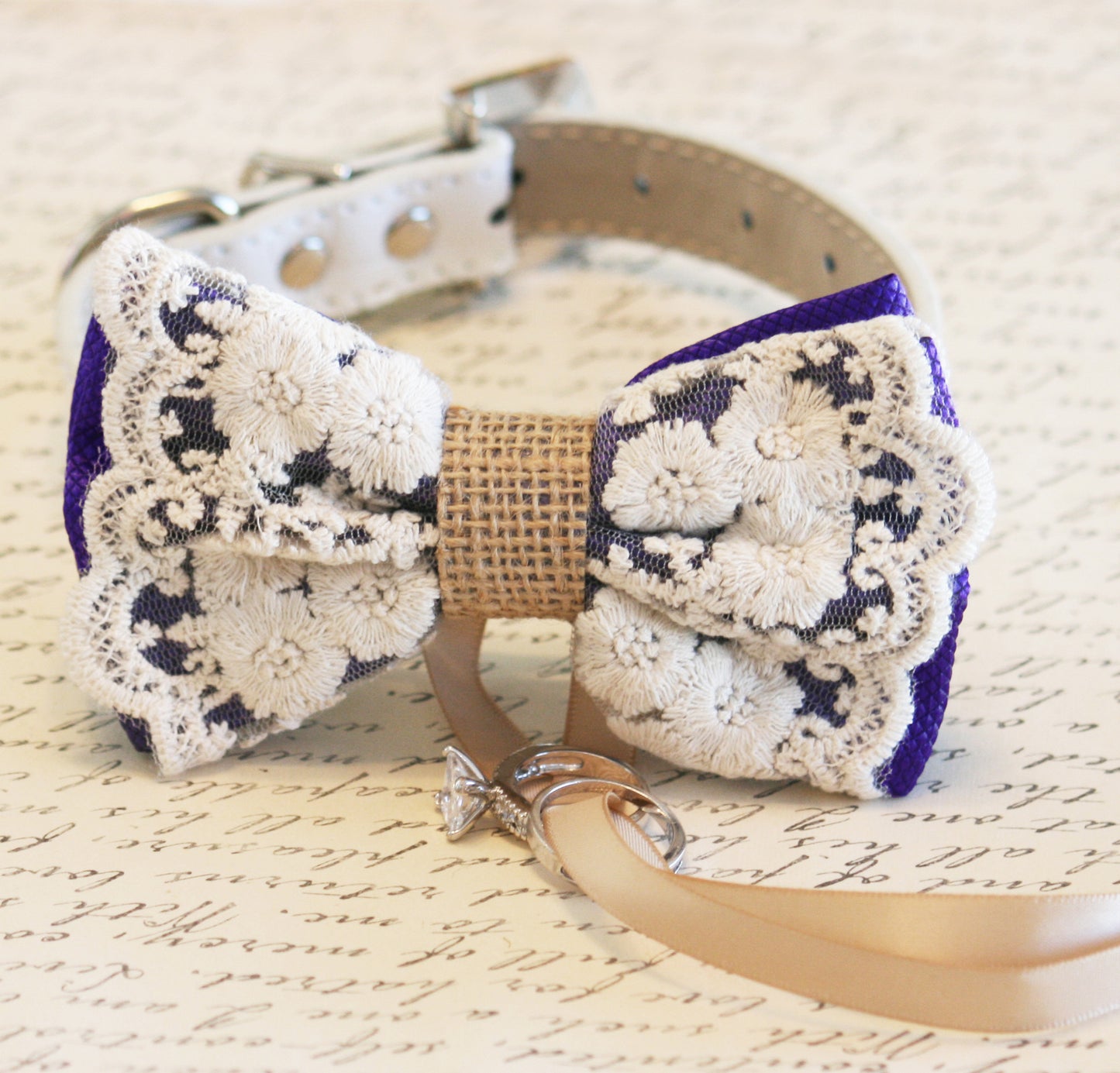 Purple Lace and Burlap Dog ring bearer, Pet Wedding, Rustic, Bohemian , Wedding dog collar
