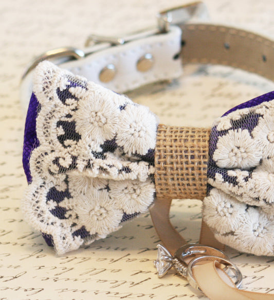 Purple Lace and Burlap Dog ring bearer, Pet Wedding, Rustic, Bohemian , Wedding dog collar