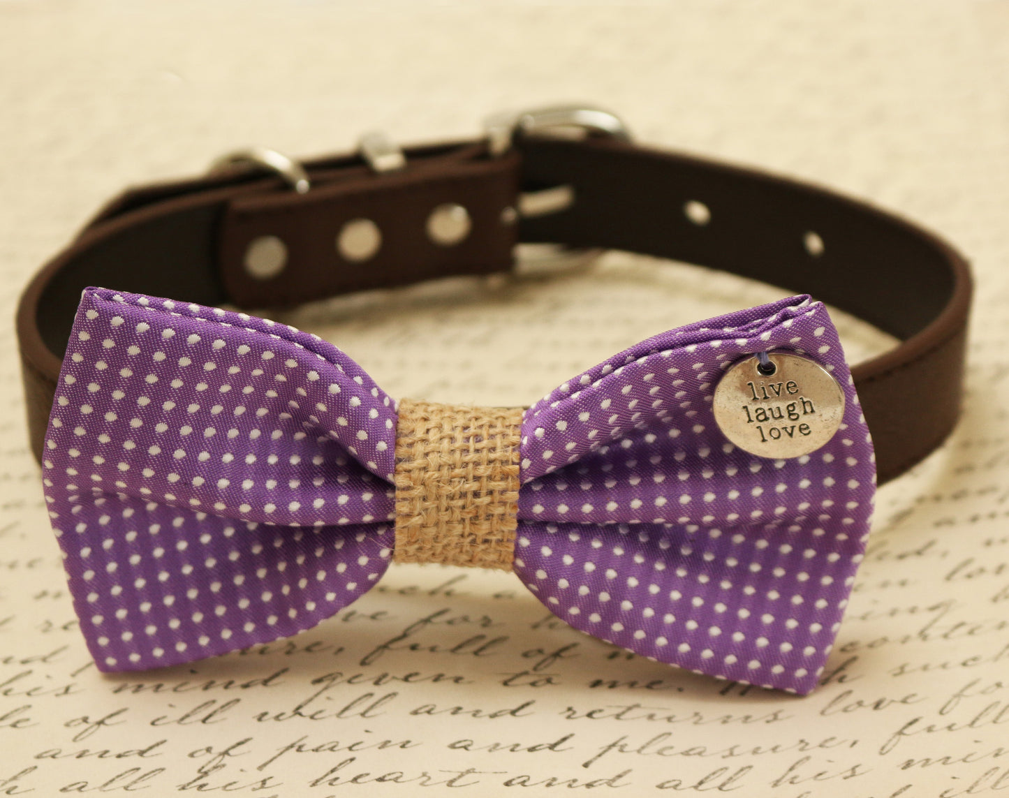 Purple Dog Bow Tie attached to collar, charm, Purple wedding accessory , Wedding dog collar