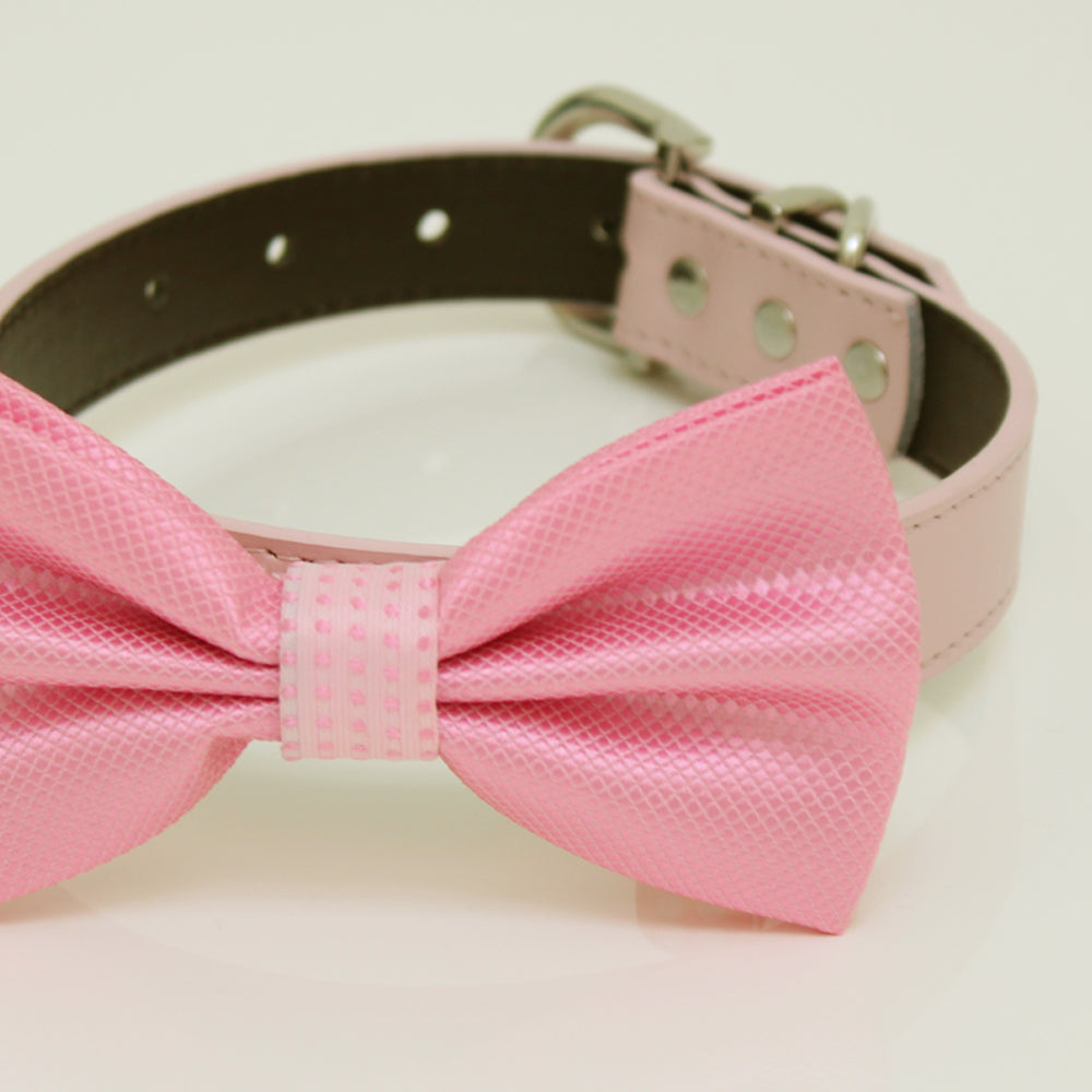 Pink Dog Bow Tie Collar, Pink bow attach to Pink, Gray, Brown, black, Ivory, Champagne, yellow, white, hot pink or lilac leather, handmade , Wedding dog collar