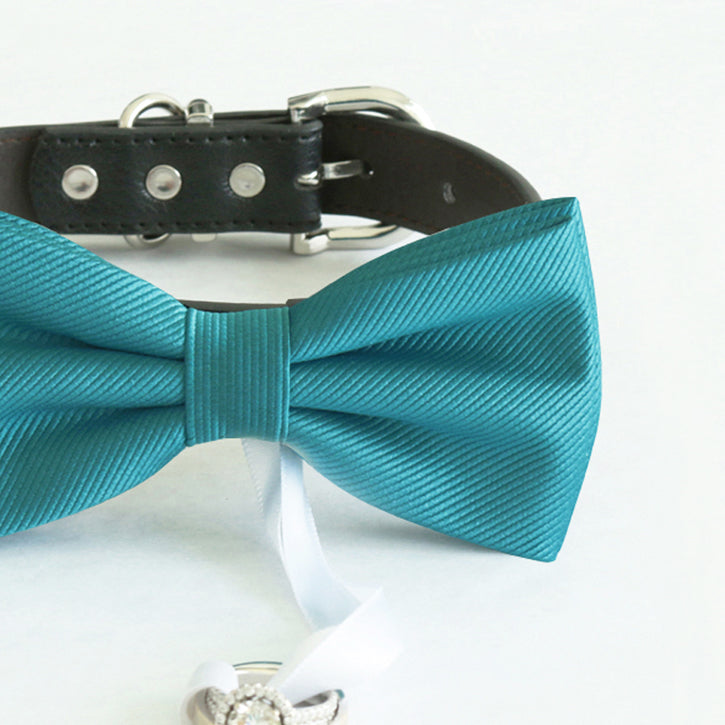 Teal blue bow tie collar Leather collar Dog ring bearer ring bearer adjustable handmade XS to XXL collar bow, Puppy, Proposal, Teal wedding , Wedding dog collar